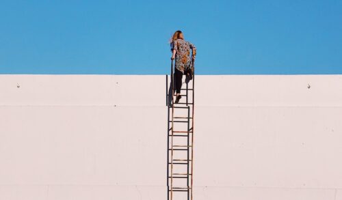 woman climbing on ladder