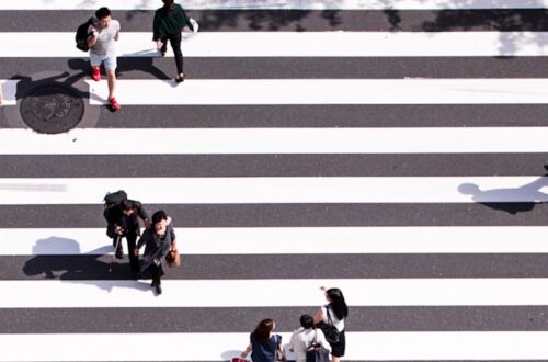 aerial view photography of group of people walking on gray and white pedestrian lane